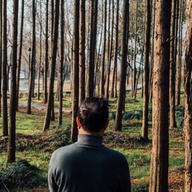 A man in front of forest.