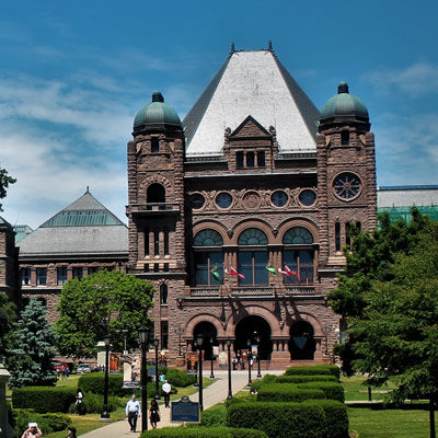 University campus with people in front.